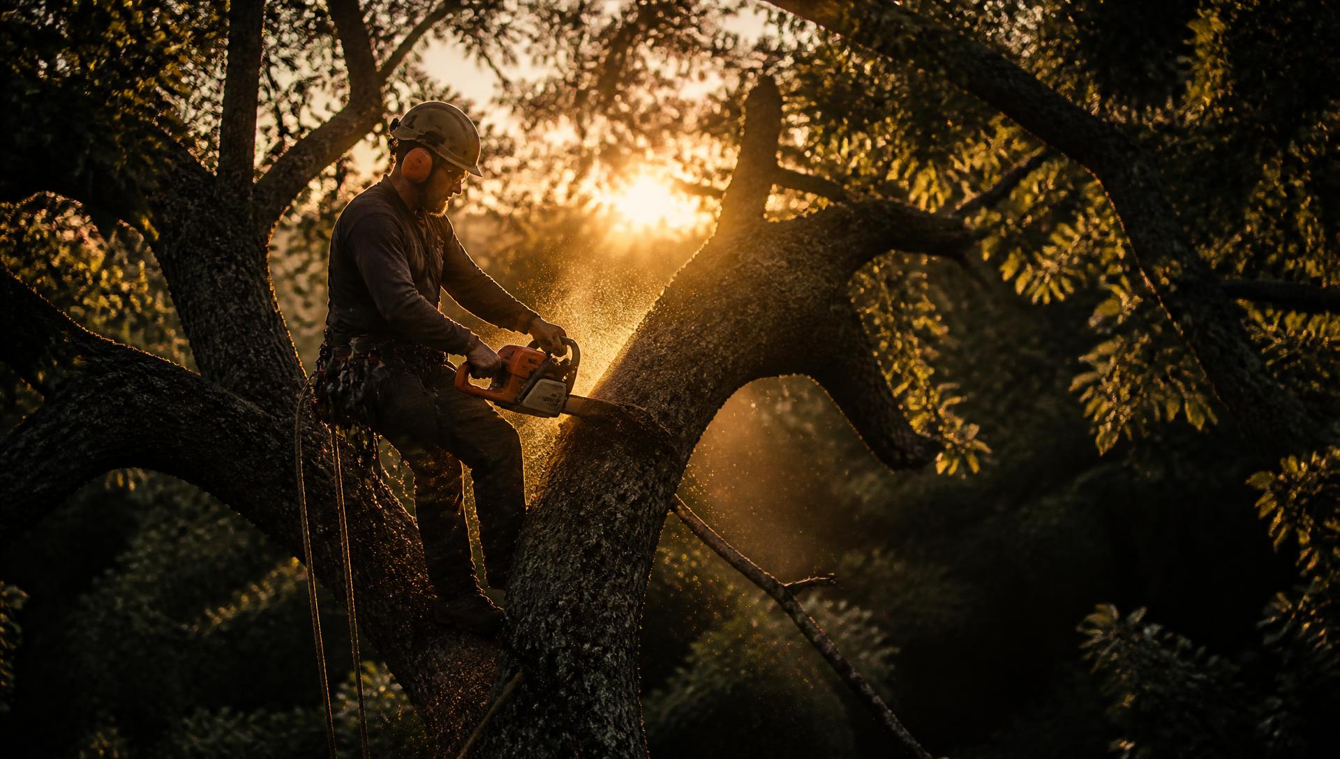 Ridgewood arborist roped into a large oak, cutting a limb at sunset